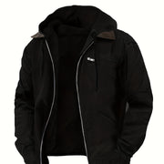 2025 New Autumn Winter Men's Vintage Loose Hooded Zip Jacket, 95% Polyester 5% Cotton Blend, Lightweight 350gsm, Front Pocket Design, Solid Color Spring Autumn Casual Coat, Perfect Gift Choice