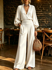 Waist-cinching V-neck Elegant Long-sleeve Jumpsuit for Women