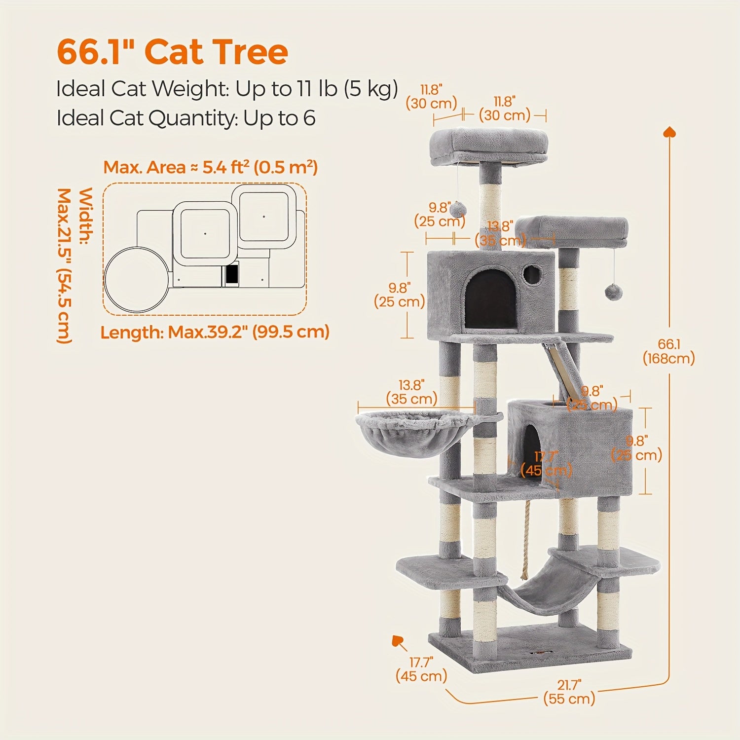 66.1/44.1in Cat Tree, Large Cat Tower with 13 Scratching Posts, 2 Perches, 2 Caves, Hanging Basket & Hammock, Pompoms, Stable Kitty Play House, Multi-Level Plush Cat Condo for