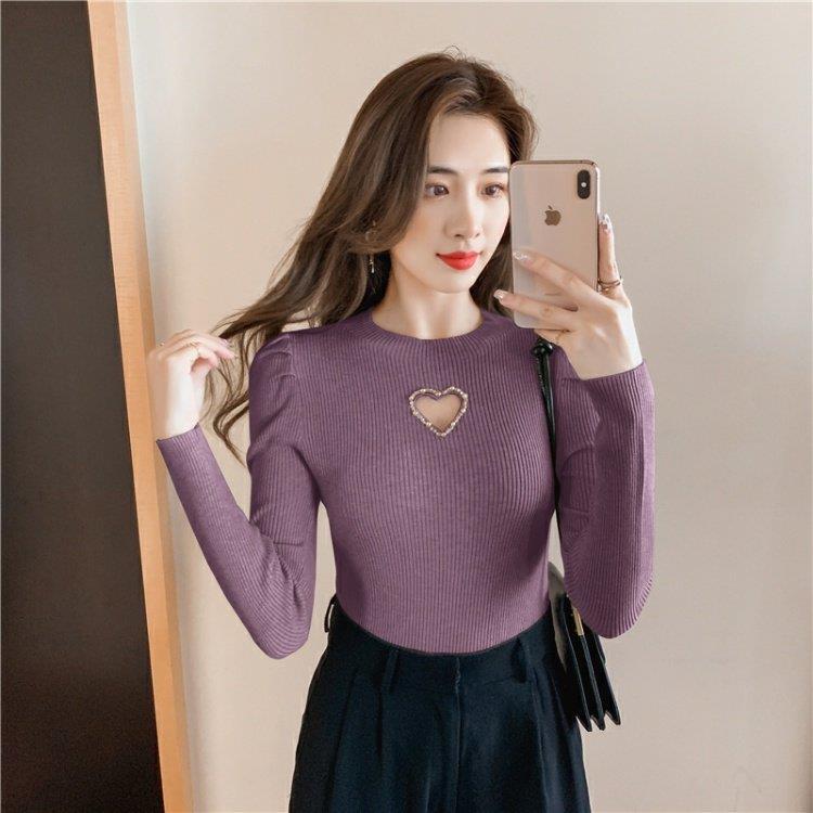 Women's Hollow Heart Beaded Slim-Fit Knit Pullover Sweater