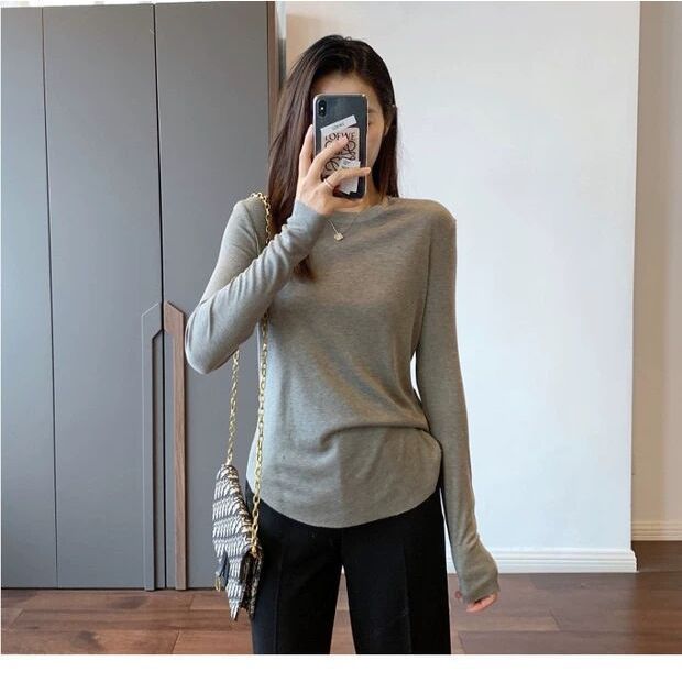 Autumn Loose-fit Figure-flattering Off-shoulder Soft-texture Long-sleeve T-shirt for Women