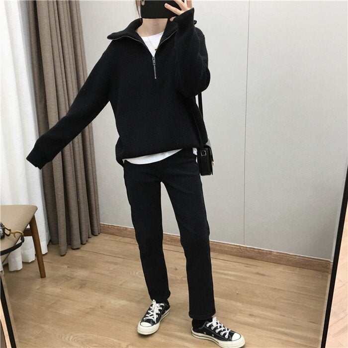 Women's Elegant Lapel Zipper Pullover Sweater