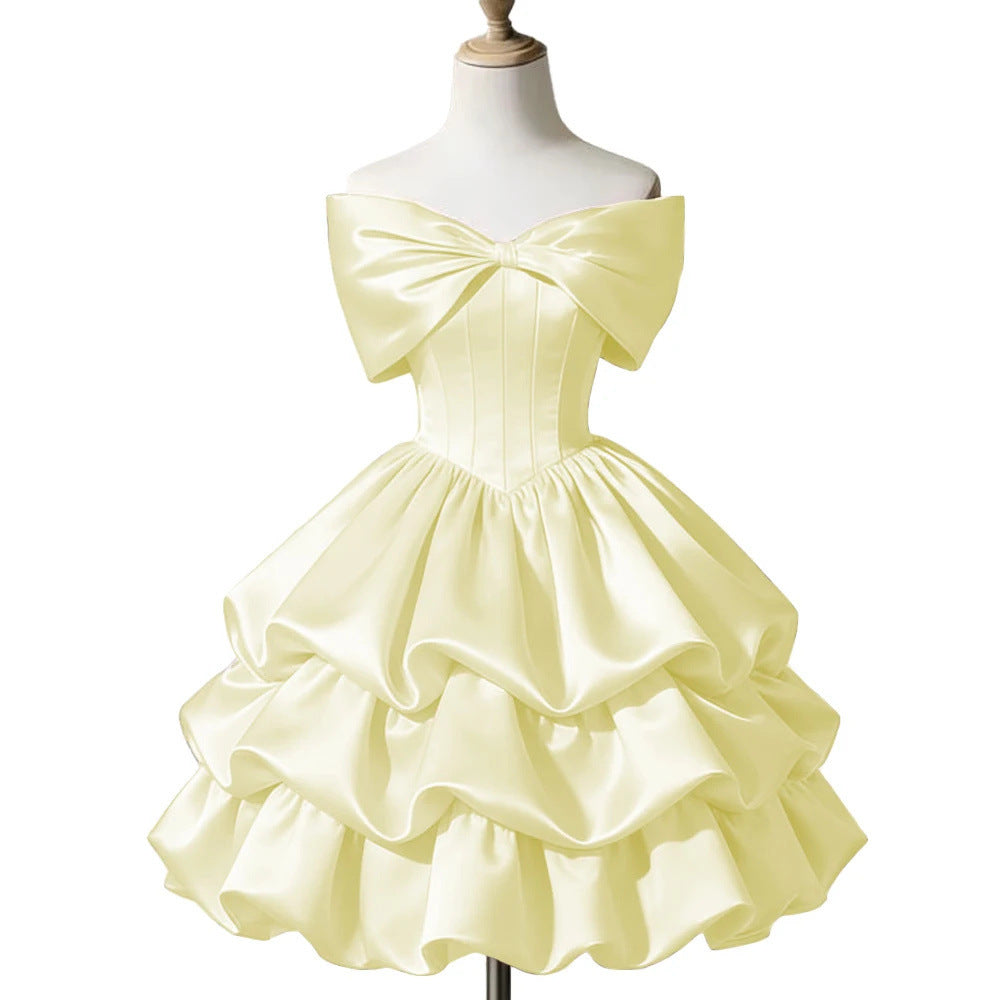 One-shoulder Satin Puff Skirt with a Bow Short-length Waist-cinching Designperfect for Everyday Wear