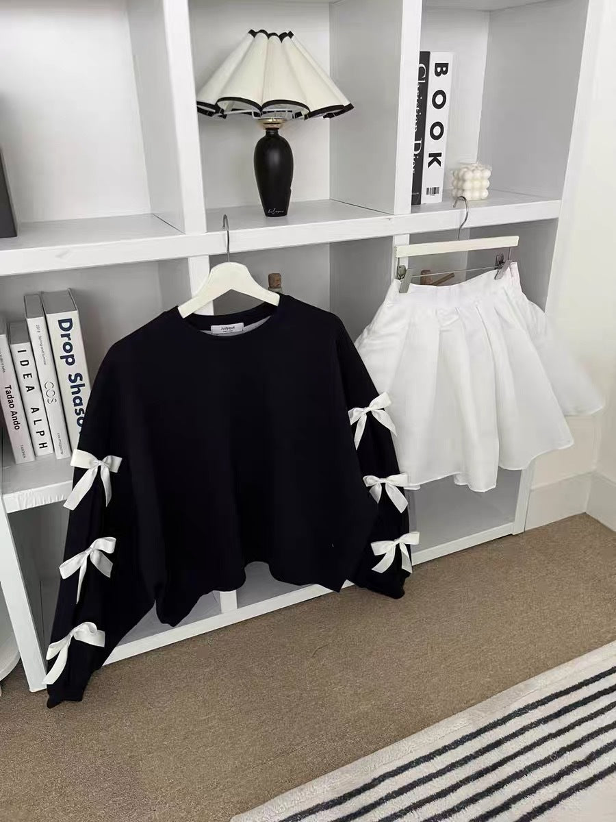 Women's Casual Loose Bow Knit Sweater with Lantern Sleeves