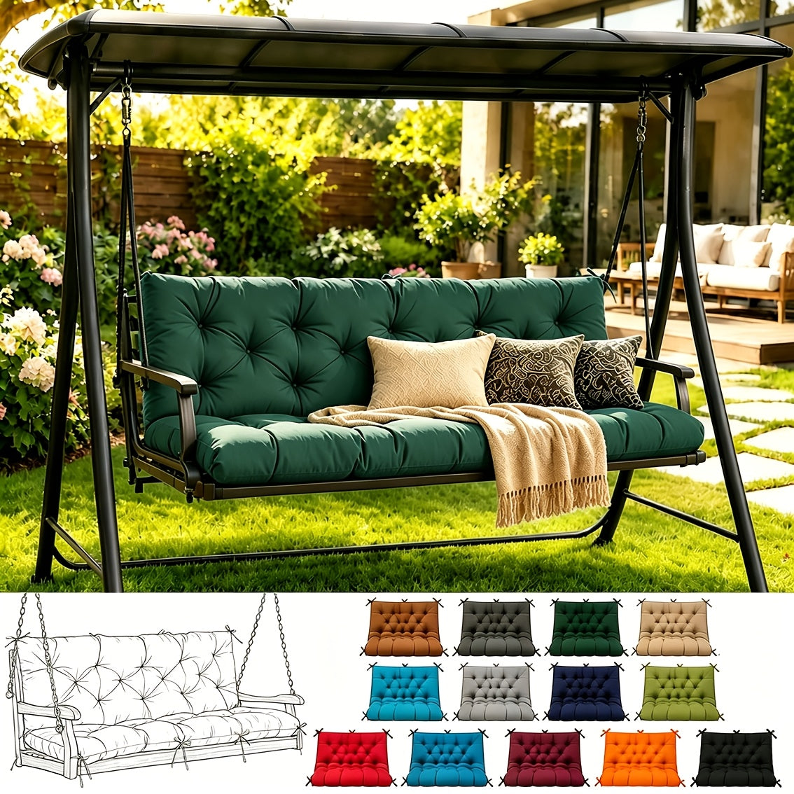 Porch Swing Cushions, Outdoor Replacement Cushions with Backrest, Waterproof Bench Cushion with Ties, for Patio Porch Garden Backyard, 5In 60 Inch 3 Seater, Sky Blue 60 X 40In 47 X 40In 40 X 40In