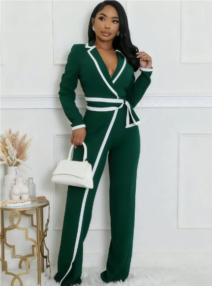 Fashion Belt Design Dual-color Patchwork Long Sleeve Jumpsuit