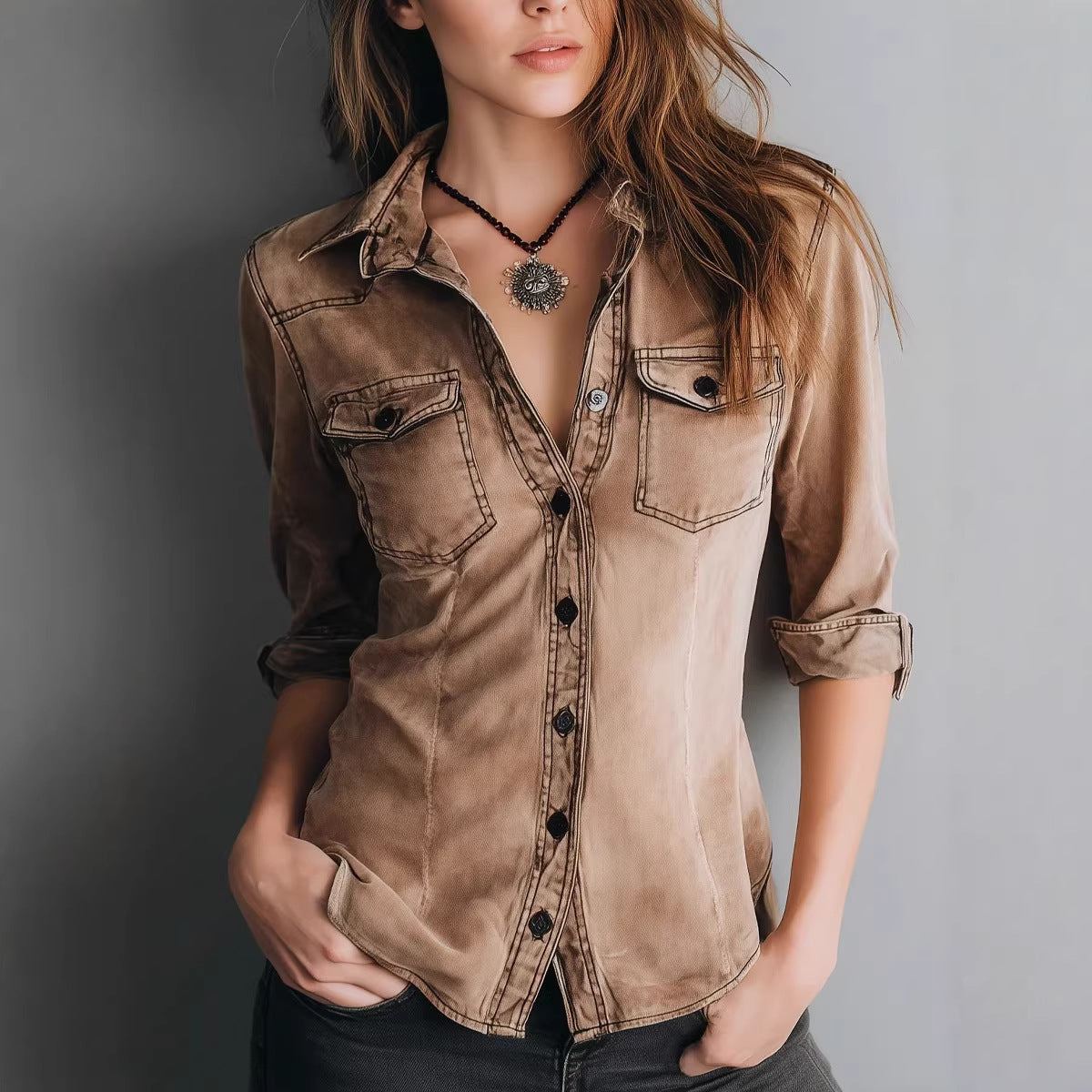 Retro Pleated Lapel Shirt Top Slimming And Figure-flattering