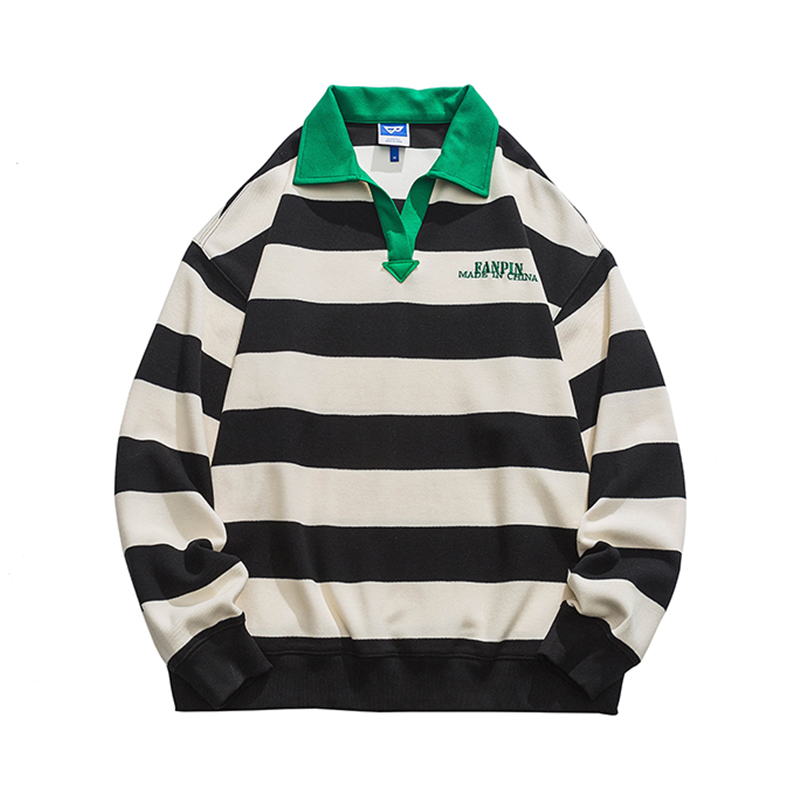 Men's Striped Embroidered Lapel Sweatshirt Pullover