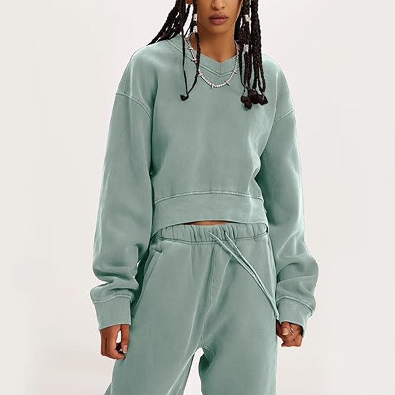 Women's V-Neck Long-Sleeve Crop Sweatshirt & Lace-Up Pants Set