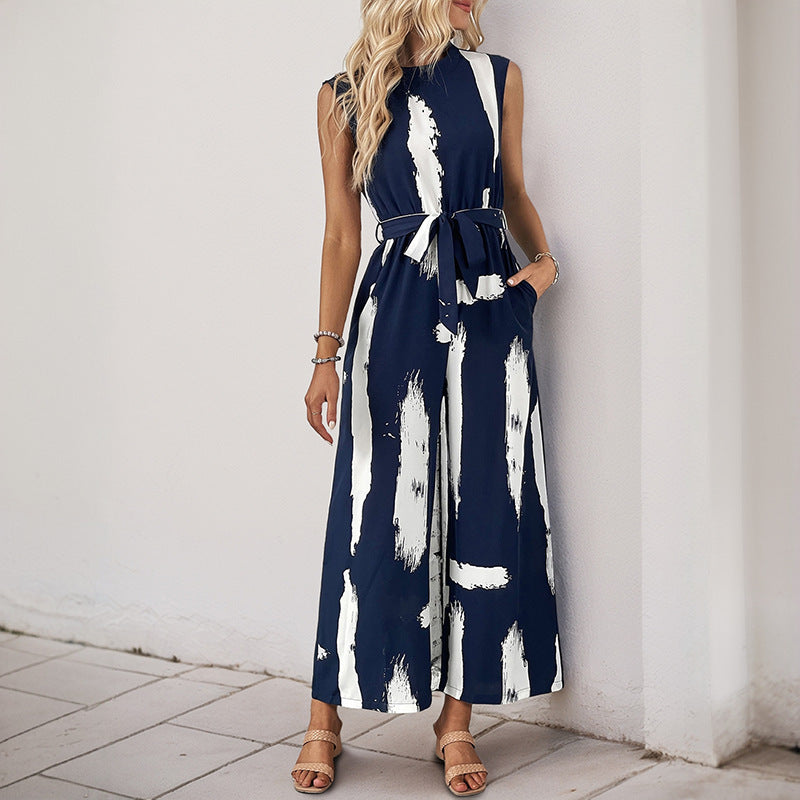 Resort-style Womens Sleeveless Printed Wide-leg Jumpsuit