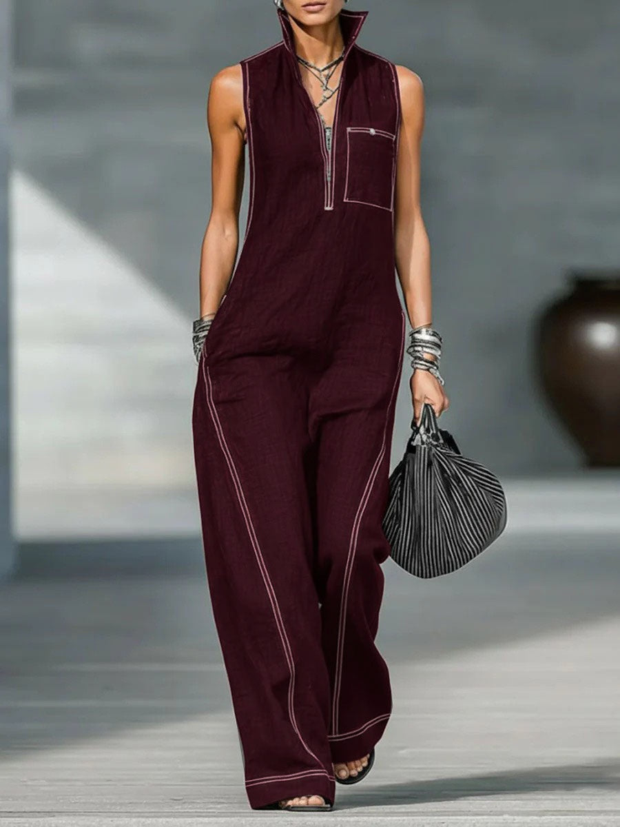 Stand-up Collar Jumpsuit With Pockets Summer Fashion Casual Sleeveless Jumpsuit Trousers Women's Clothing