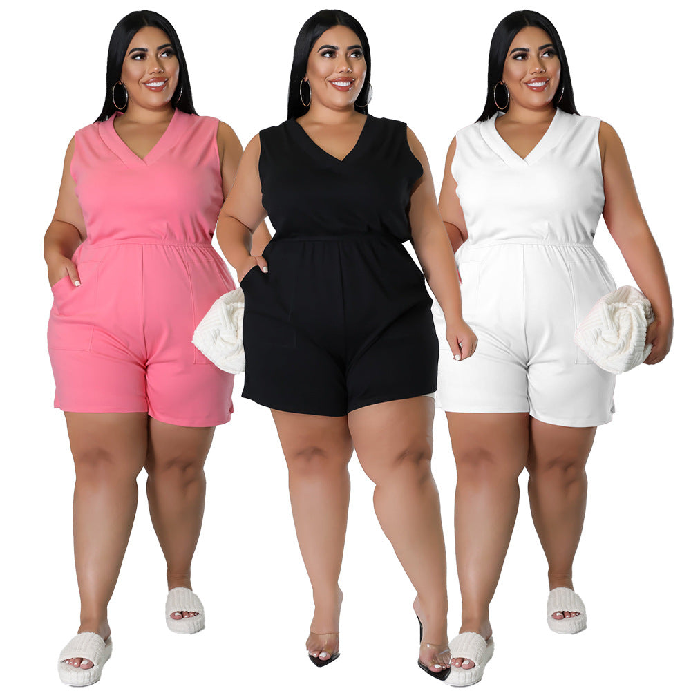 Plus Size V-Neck Casual Sleeveless Waist Overalls Romper