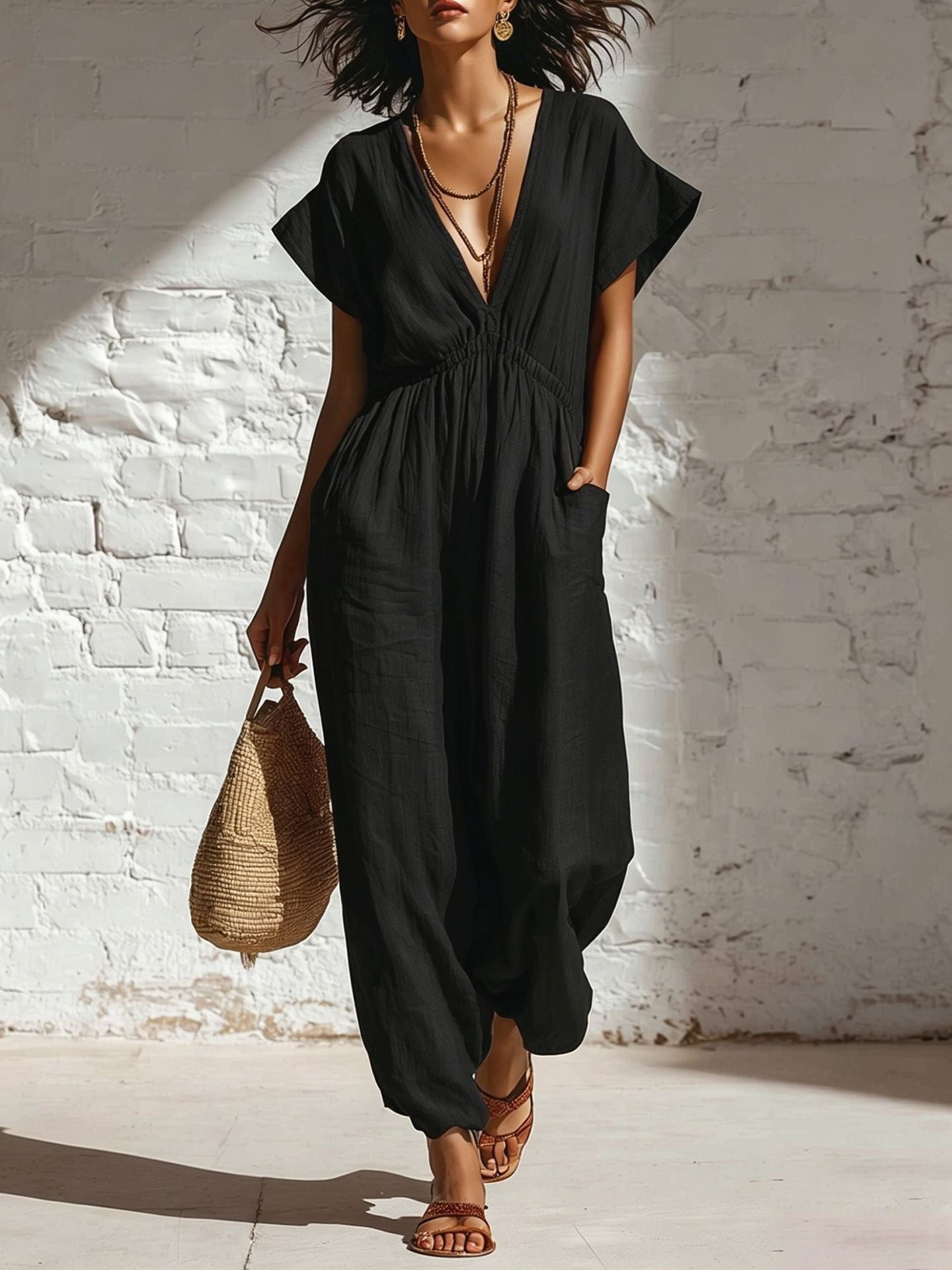 Womens V-neck Relaxed-fit Waist-cinching Jumpsuit