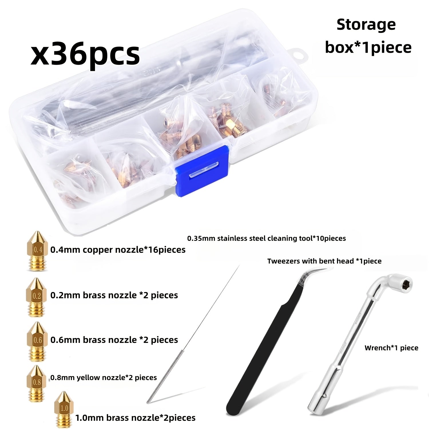 36‑Piece Brass Nozzle Kit for Ender 3, CR‑10, MK8 – Includes 0.4 mm Nozzles, Cleaning Needle and Wrench