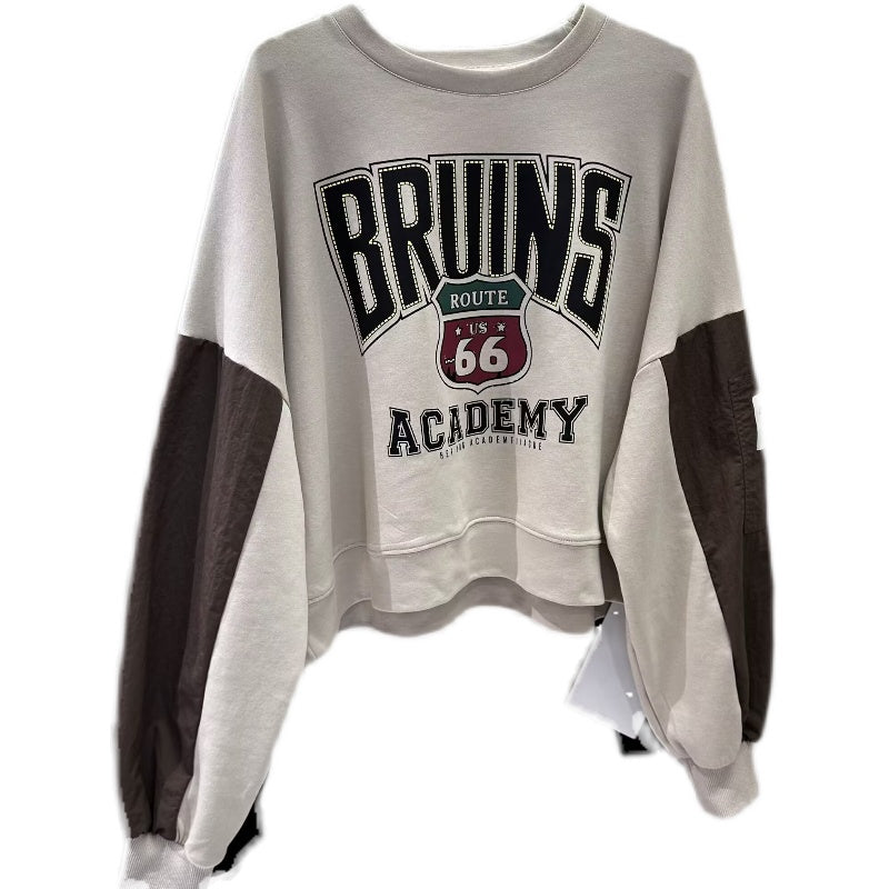 Letter Printed Loose Patchwork Long Sleeved Pullover For Women