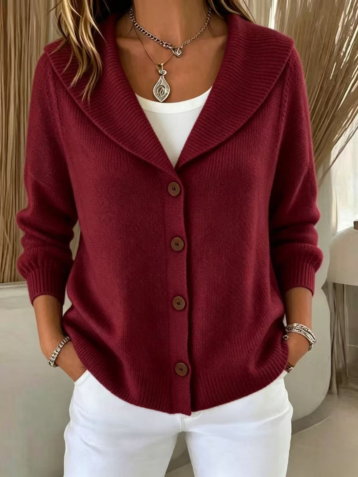Womens Knitted Button-up Polo-neck Sweater