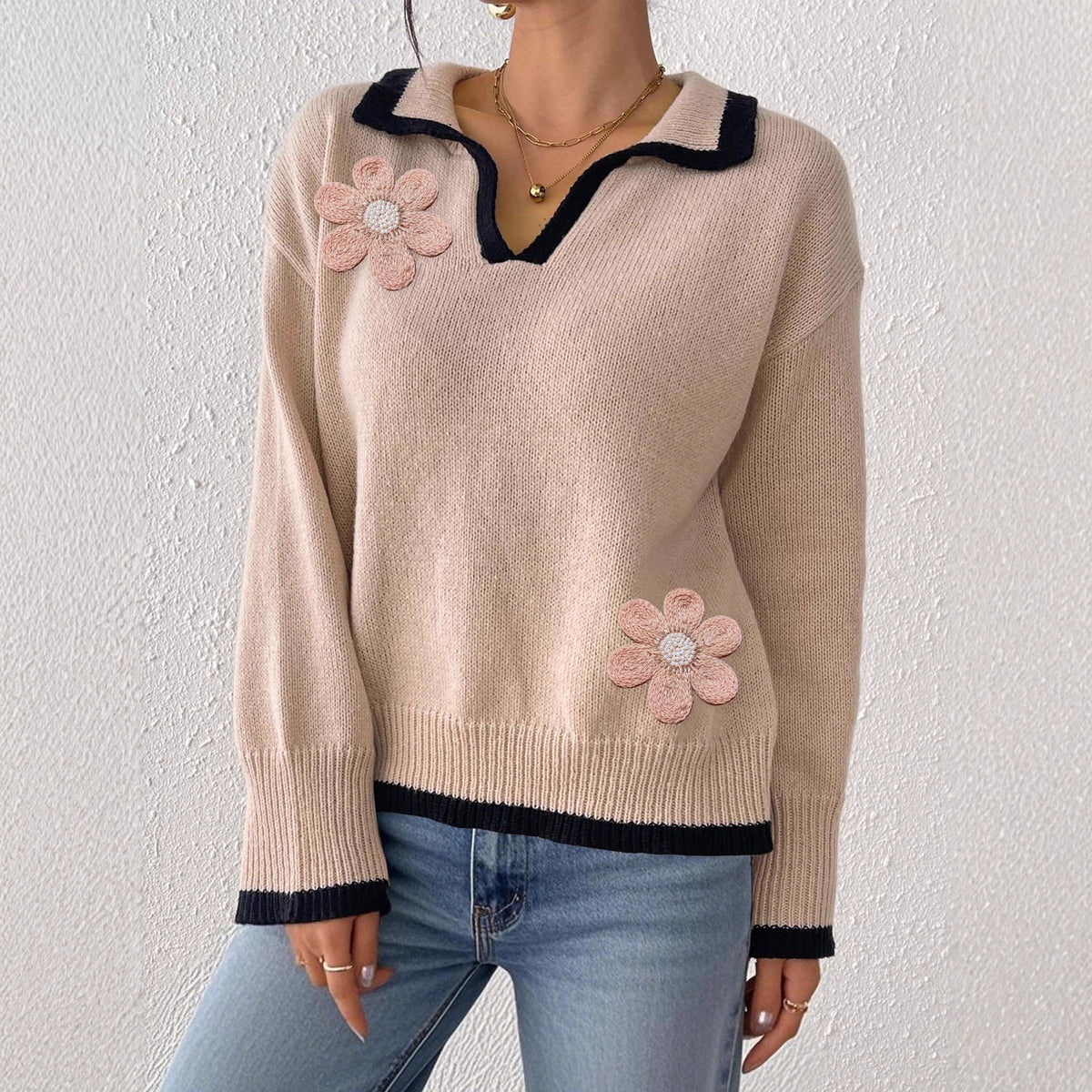 Floral-embroidered Patchwork Long-sleeve Top New Fall Winter