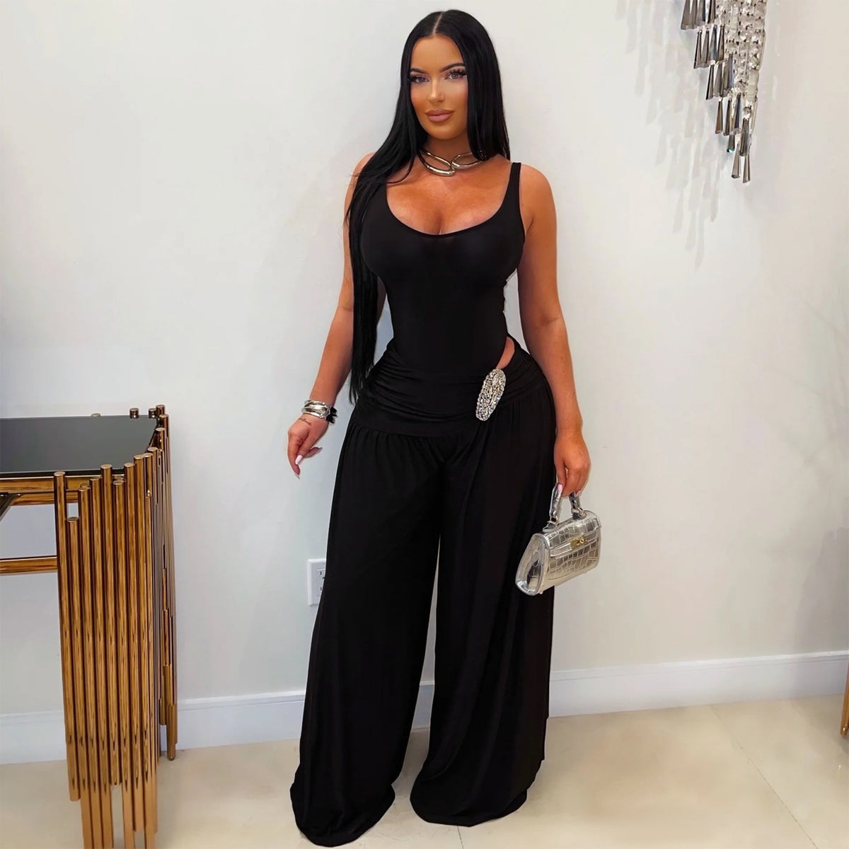 Women's Solid U-Neck High-Waist Wide-Leg Jumpsuit