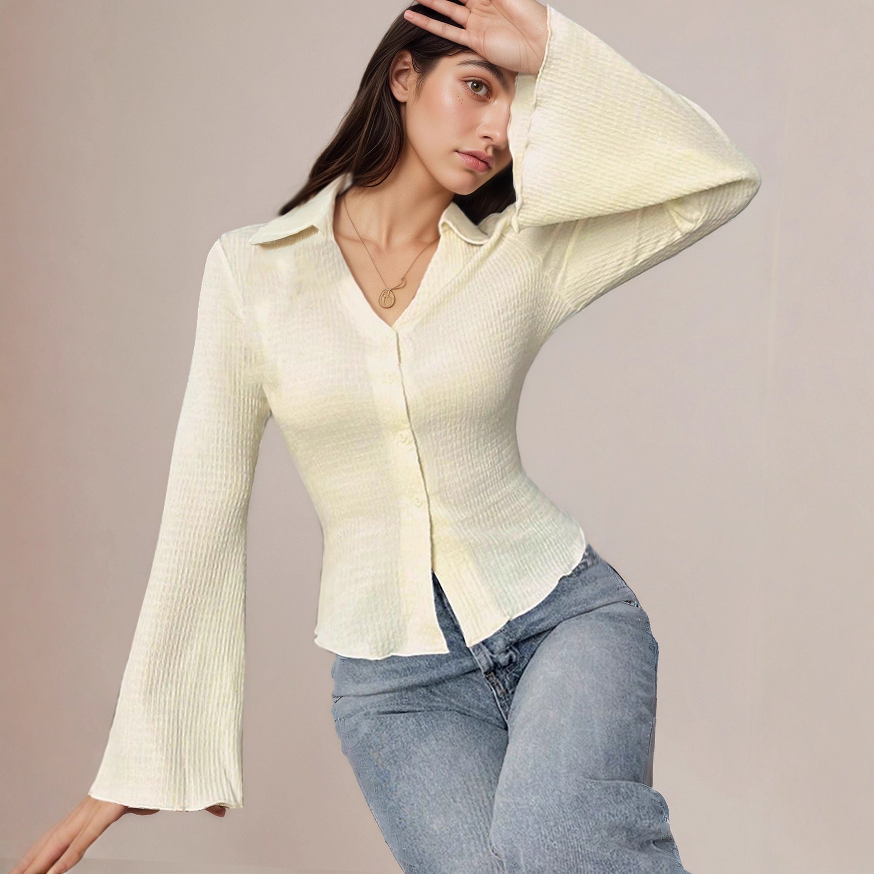 Apricot Slim-Fit Long Sleeve Blouse – Lightweight Cotton Blend Tee
