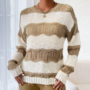 Twisted-knit Striped Color-block Long-sleeve Crew-neck Sweater