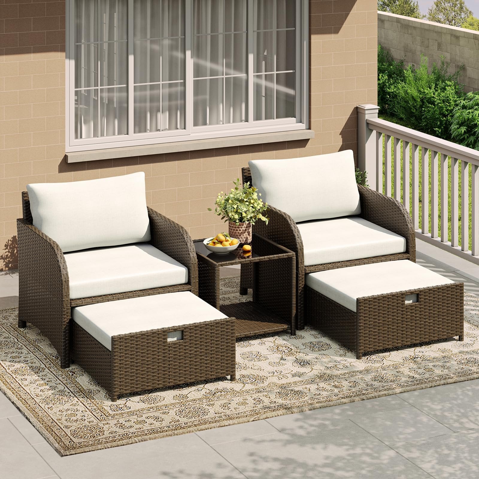 [Outdoor Rattan Sofa Set] 5pcs Outdoor Rattan Sofa Set All-Weather Wicker Patio Furniture With Tempered Glass Coffee Table, Lounge Chairs, Ottomans, Thick Cushions Perfect For Garden, Backyard, Porch