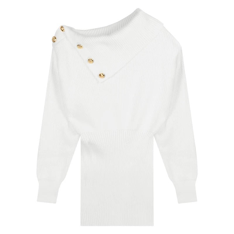 Pure Desire Style Oblique Shoulder Long Sleeve Knitted Dress for Women