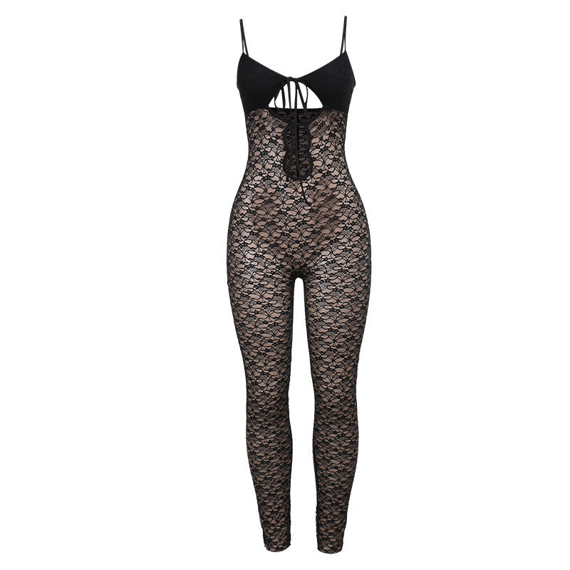 Sexy Hot Girl European And American Style Pure Desire See-through Lace Jumpsuit