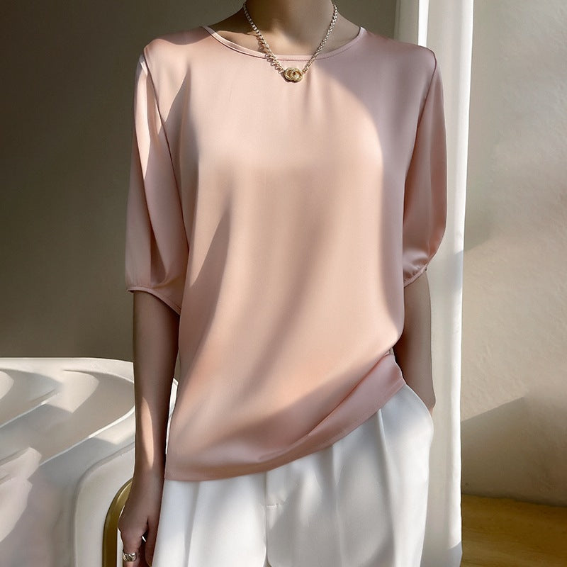 Women's Round Neck Mulberry Silk Loose Satin Cropped Ice Silk Short Sleeve T-shirt Top