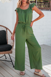 Solid-color Sleeveless Ruffle-sleeve One-piece Jumpsuit For Women