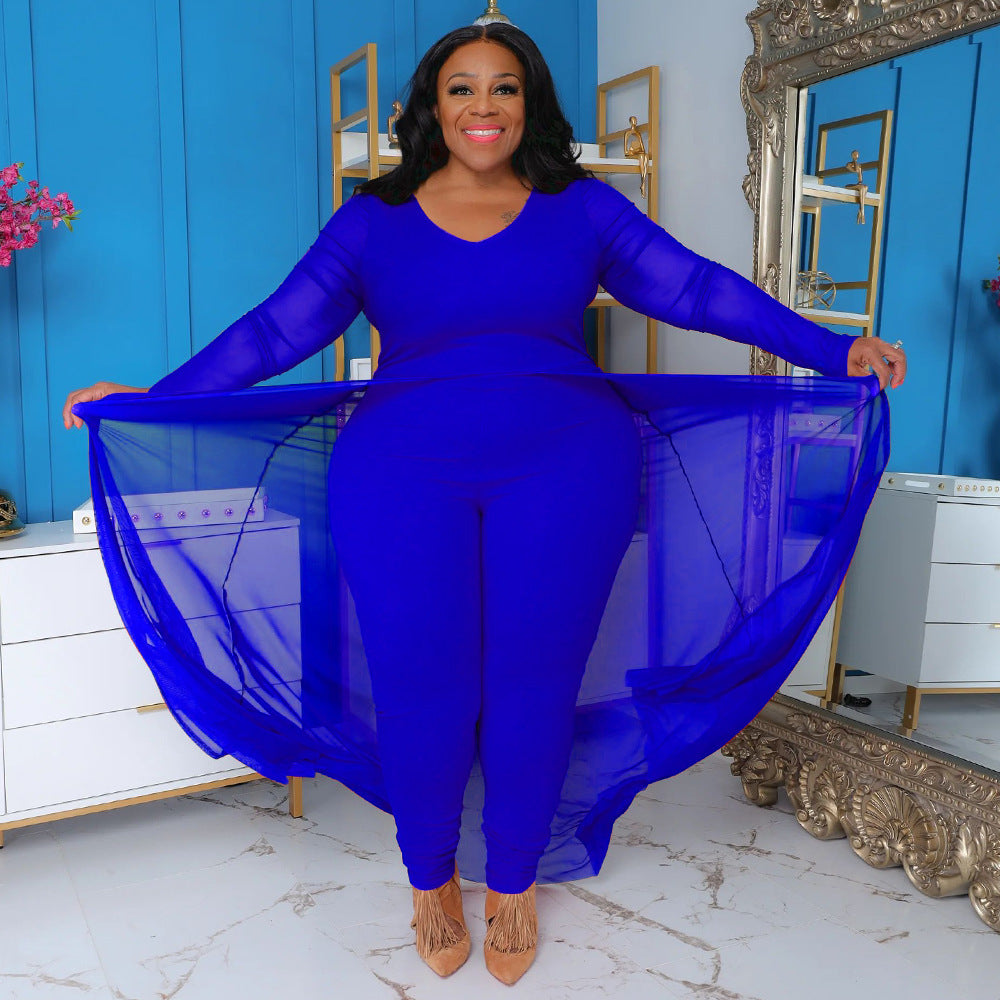 Women's Plus Size Stretch Long Sleeve Pocket Jumpsuit