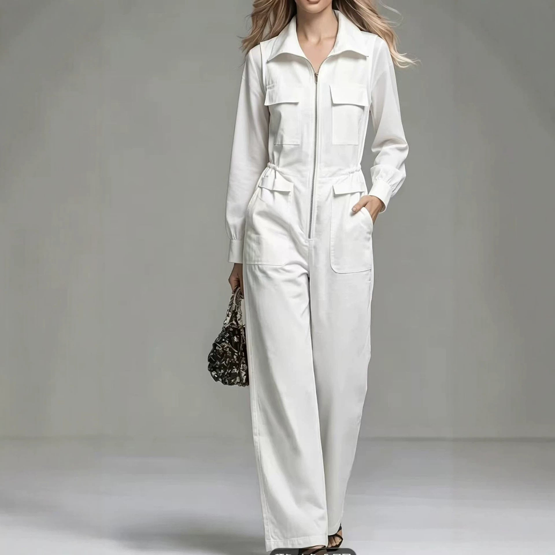Womens White Long-sleeve Jumpsuit With A Lapel And Zipper