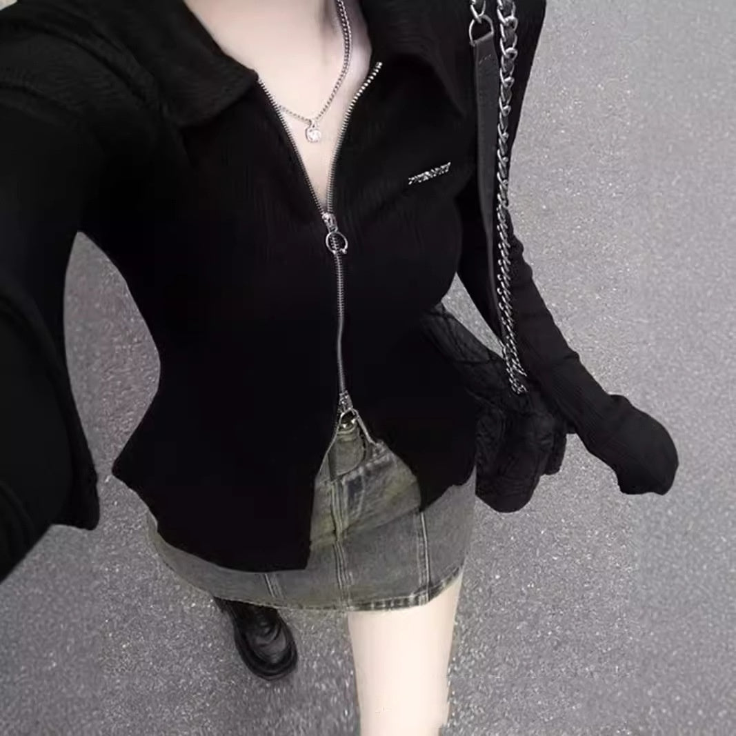 Black Long-sleeve Zipper Cardigan Slim Fit Sun Protection Top