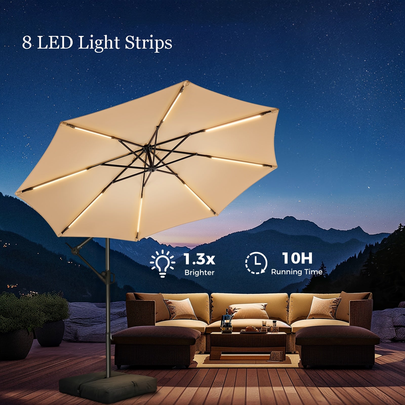[With Light And Base]10ft Solar Lights Offset Cantilever Patio Umbrella Sun Shade, LED Solar Lighted Offset Hanging Patio Outdoor Market Umbrella, UPF50+ UV Protection With Easy Tilt And Crank, For Gardens, Decks, Backyards And Poolside.