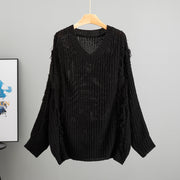 Loose V-neck Tassel Female Idle Style Long Sleeve Pullover Top