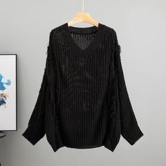 Loose V-neck Tassel Female Idle Style Long Sleeve Pullover Top