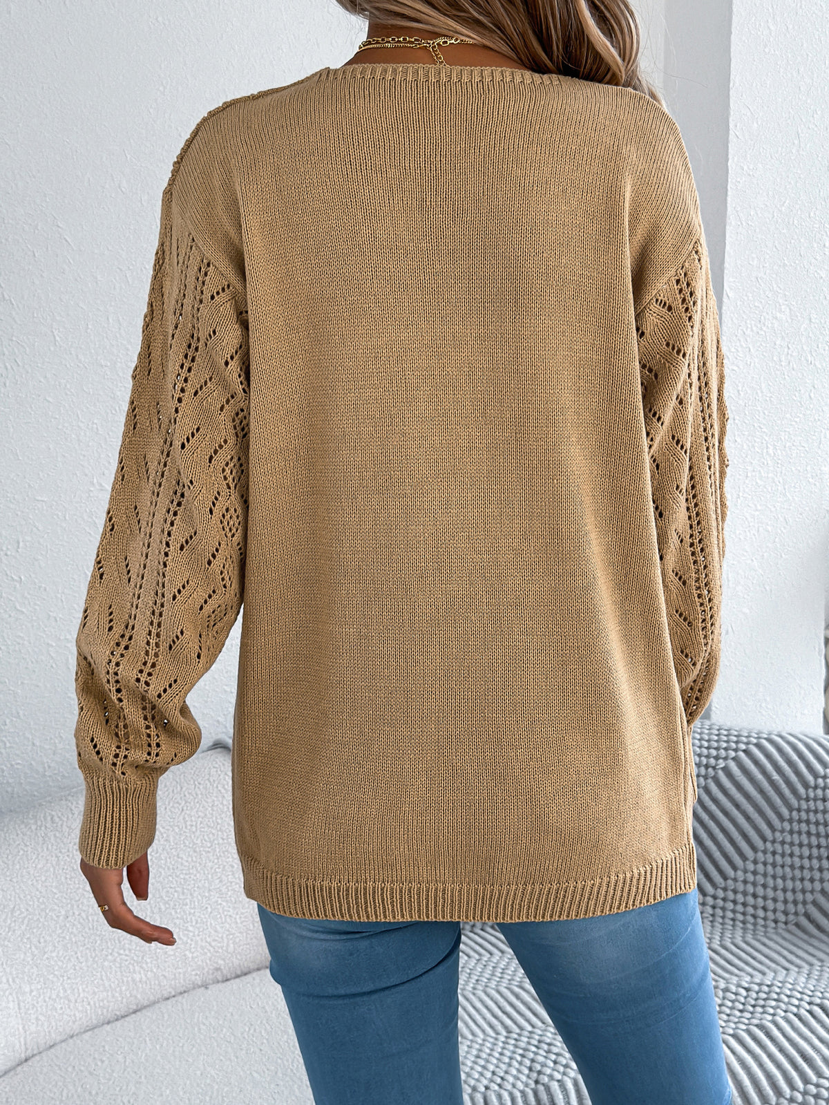 Women Casual Hollow Out Lantern Sleeve Long Sleeve Cardigan Sweater Coat