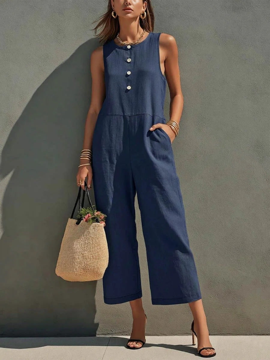 Elegant Sleeveless Wide-Leg Button Jumpsuit