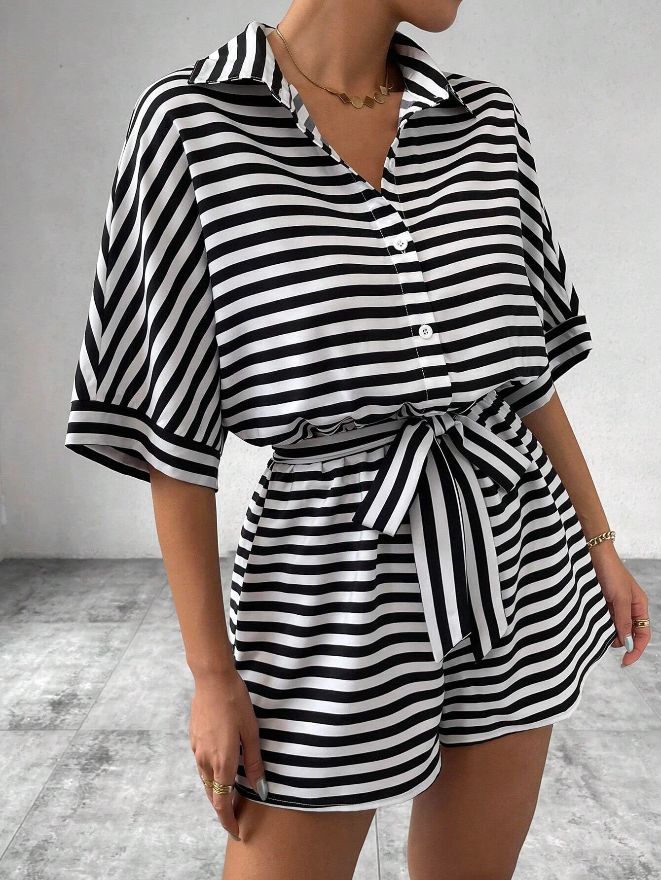 Summer Striped Lapel Belted Jumpsuit