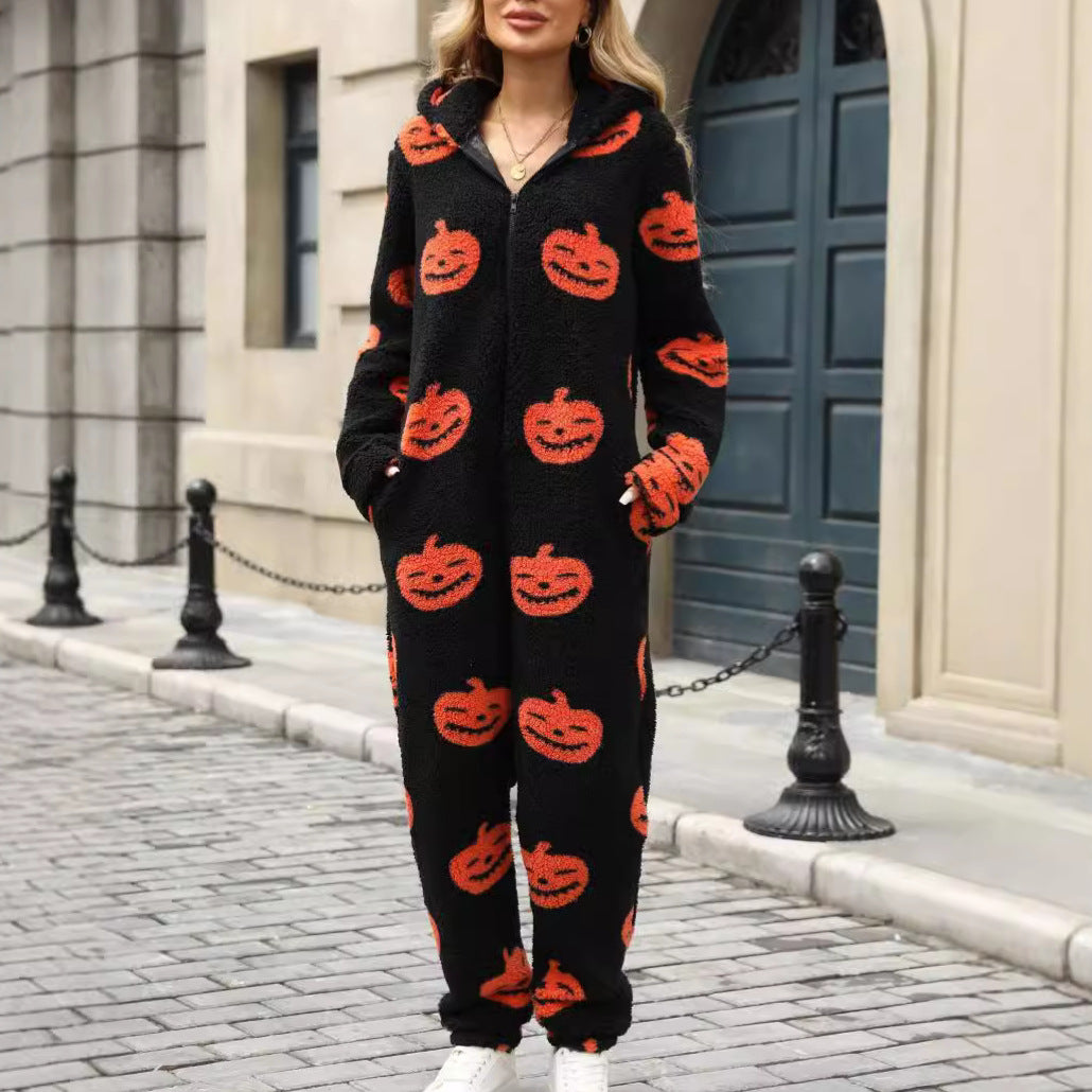 Halloween Pumpkin Print Zip Plush Jumpsuit