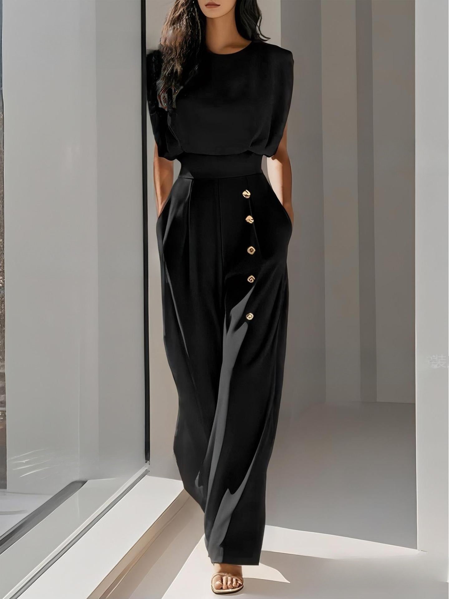 Elegant High-Waisted Button-Detail Straight-Leg Pants