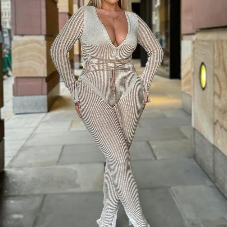 Women's Sexy Deep V-Neck Striped Long Sleeve Jumpsuit
