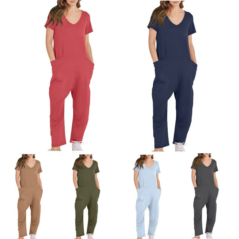 Women's Multi-color Side Slit Pocket Design Solid Color Loose Jumpsuit