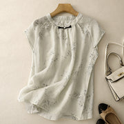 Crew-neck Artistic And Fashionable Cotton-linen Shirt With A Print