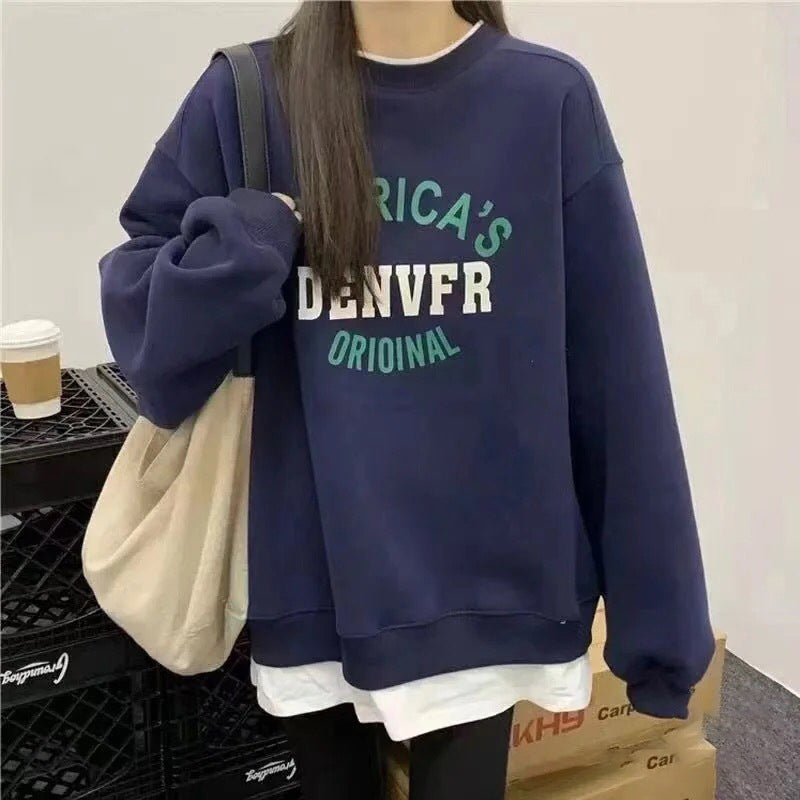 Versatile Fake Two-piece Round Neck Top Inner Sweater