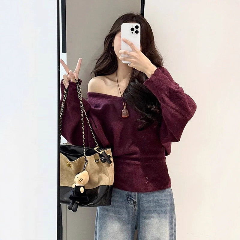 Lazy Style V-neck Batwing Sleeve Knitwear Women's Autumn and Winter