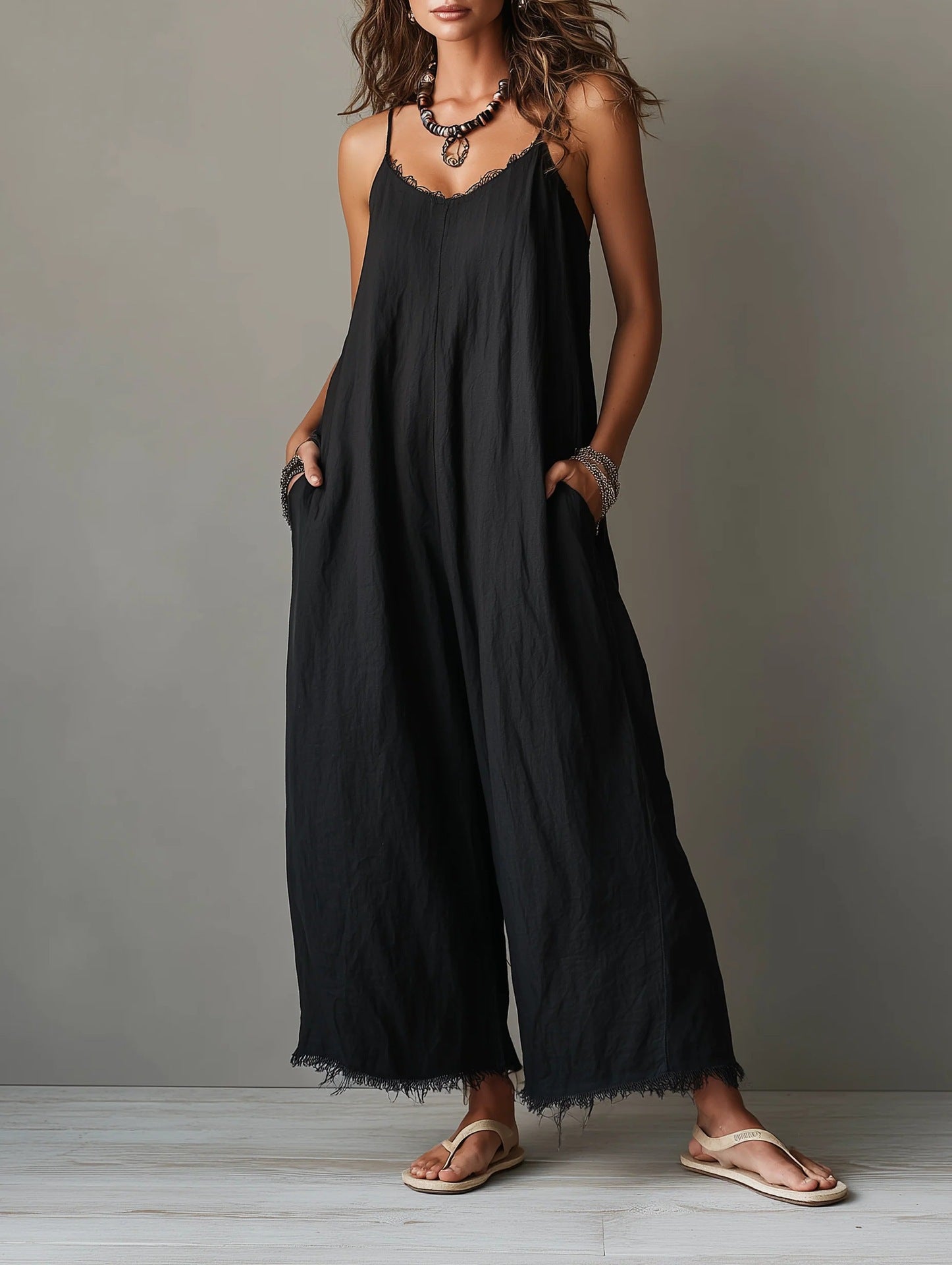 Womens Loose-fitting Solid-color Wide-leg Jumpsuit With Straps