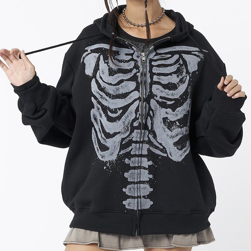 Edgy Skeleton Print Long Sleeve Cardigan Sweatshirt