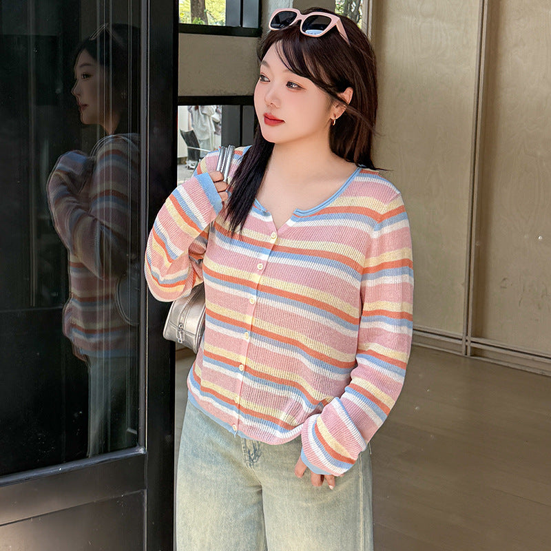 Plus Size Round Neck Color Striped Shirt Women's Thin Top