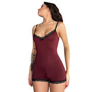 Women's Deep V Lace Lace Spaghetti-strap Tight One-piece Shorts