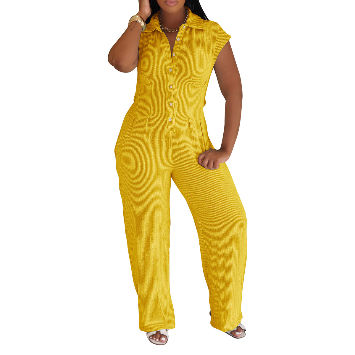 Striped Turn-Down Collar Slim-Fit Women's Jumpsuit